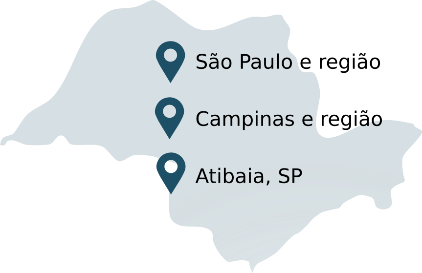 Contorno do mapa do estado de São Paulo com três cidades em destaque - São Paulo e região, Campinas e região e Atibaia